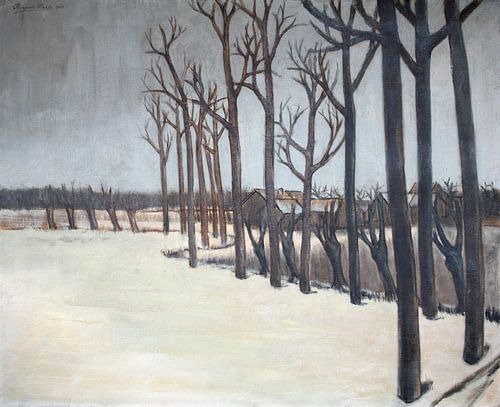 Paysage hivernal enneigé avec arbres et fermes. Huile sur panneau de bois