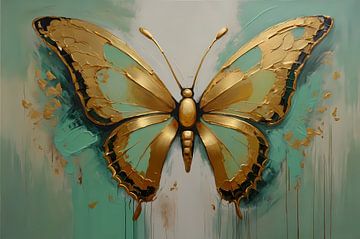 Gouden vlinder op lichtgroene olieverfachtergrond van De Muurdecoratie