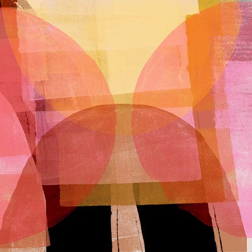 Kleurrijke abstracte kunst. Vormen in geel, oranje, roze en zwart.