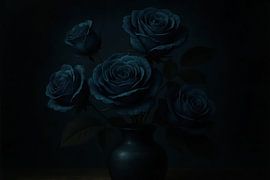 Deep blue roses on dark table by Art & Soul Creations