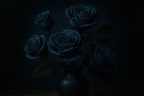 Diepblauwe rozen op donkere tafel