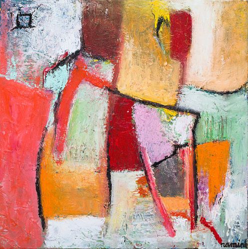 Abstract retro painting orange red green brown by Anja Namink - Paintings