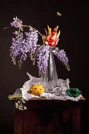 Still life of dragon fruit with wisteria and malachite by Willy Sengers