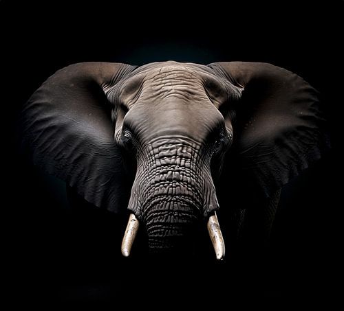 zwart witte foto weergave van het hoofd van een olifant tegen zwarte achtergrond