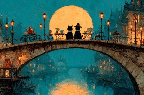 Twee katten in het maanlicht op de brug