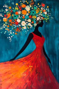 Woman with a wreath of flowers in a colourful dress by Poster Art Shop
