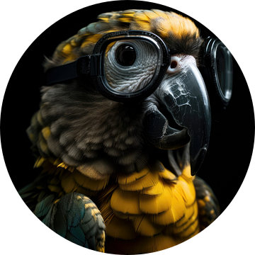 Papegaai met bril op en donkere achtergrond van Digitale Schilderijen