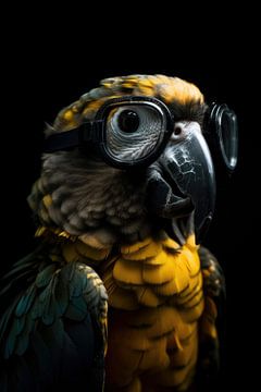Papegaai met bril op en donkere achtergrond van Digitale Schilderijen