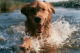 Ein Golden Retriever rennt durch spritzendes Wasser