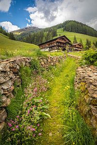 Hohlweg Gasse und Bergbauernhöfe oberhalb von Innervillgraten