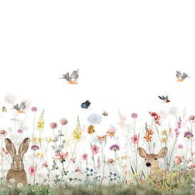 Haas en ree in een veld met bloemen, vlinders en vogels van Mrdododesign