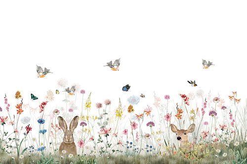 Lièvre et cerf dans un champ avec des fleurs, des papillons et des oiseaux sur Mrdododesign