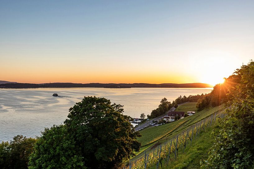 Veerboot bij Meersburg aan het Bodenmeer bij zonsondergang van Werner Dieterich