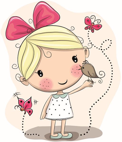 Cute girl with a bird on her hand and two butterflies by Atelier Liesjes