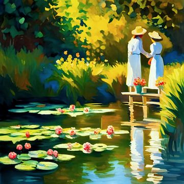 Zwei elegant weiß gekleidete Damen am Garten Teich von A.D. Digital ART
