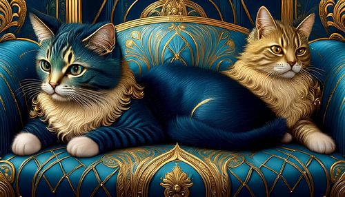 Twee katten liggen op een art-decobank