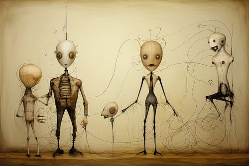 Bizarre surreal drawing of strange dolls