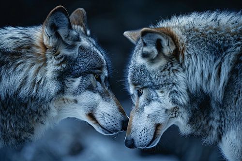 Twee wolven in een donkere omgeving