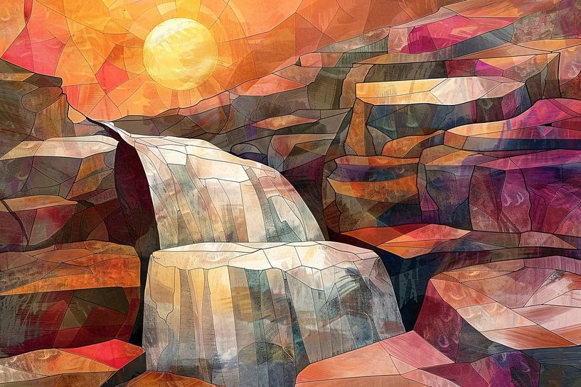 Abstraktes Gemälde eines Wasserfalls bei Sonnenaufgang von Art & Soul Creations