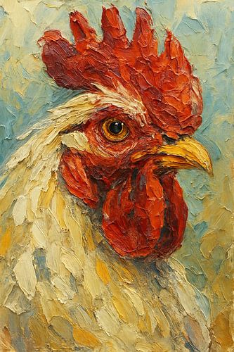 Koning van het erf (close-up haan acryl schilderij portret boerderijdier)