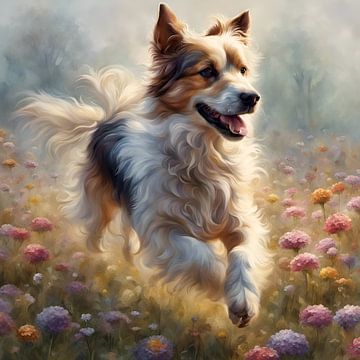 Hamiltonstovare hond speelt in een bloemenveld van Johanna's Art