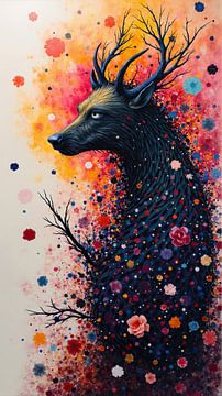 Majestueuze wolf met gewei omarmt bloemenharmonie in dromerige fantasie van Markus Gann