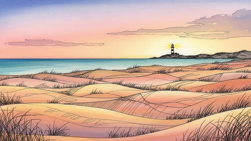 Beach with Sand Dunes and Lighthouse Watercolor by Markus Gann