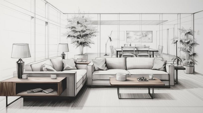 Planen Sie ein Wohnzimmer mit einem Tisch und einer Couch Zeichnung, Wohnzimmer-Bleistiftzeichnung im Vintage-Stil von Animaflora PicsStock