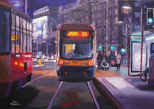 Trams in de avond. Schilderij door Toon Nagtegaal van Toon Nagtegaal
