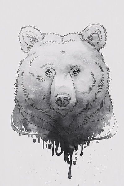 Dessin à l'encre d'un ours en noir et blanc par Art & Soul Creations