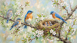 Eine Familie von Blaukehlchen im Frühlingsnest