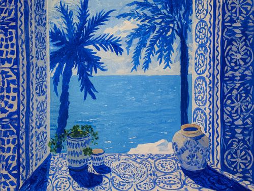 Mediterranean Dream - Vue sur la mer dans les tons Delftware