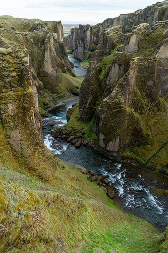 Fjaðrárgljúfur Canyon met begroeide rotswanden