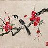Minimalistische ZEN: Japanse zangvogel op Rode Bloesemtak van Studio Pieternel