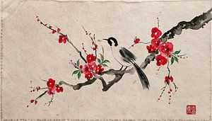 Minimalist ZEN: Japanischer Singvogel auf rotem Blütenzweig