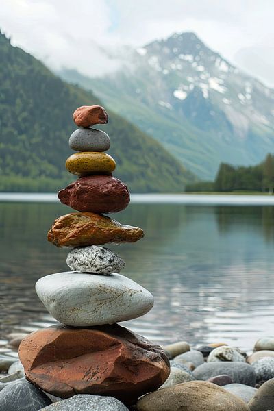Zen Balance - Meditative stone towers by the water by Poster Art Shop