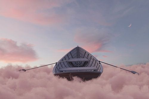 Un bateau en bois abandonné flotte sur une mer de nuages