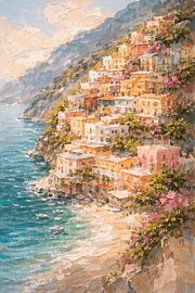Pastellgemälde der Klippen von Positano – Impasto-Textur Mittelmeerkunst – Bunte Küstendorf-Leinwand von adib maula