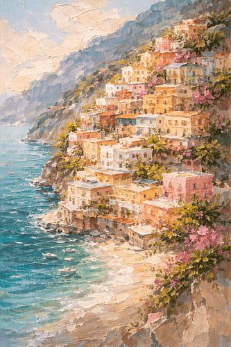 Pastel Positano Cliffside Painting - Impasto Texture Mediterranean Art - Colorful Coastal Village Canvas