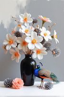 Colourful Flower Vase - Vintage Still Life with Elegant Peacock