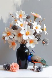 Colourful Flower Vase - Vintage Still Life with Elegant Peacock by Kleurenrijk
