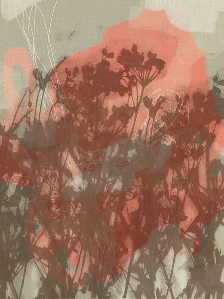 Kleurrijke botanische kunst in warm bruin, lichtrood, grijs en wit. Monotypes weidebloemen. van Dina Dankers
