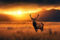 Hirsch stehend im goldenen Feld bei Sonnenuntergang mit Bergen