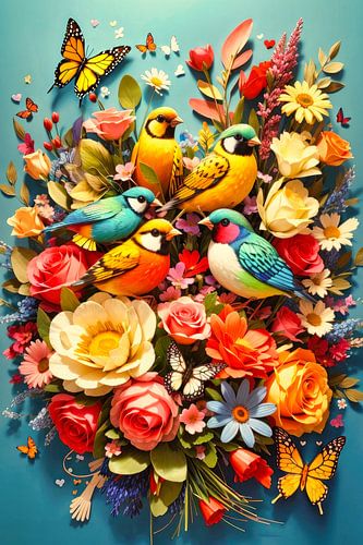 Flowers, birds and butterflies