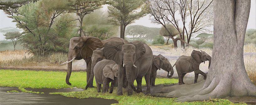 Olifanten onder bomen schilderij van Russell Hinckley