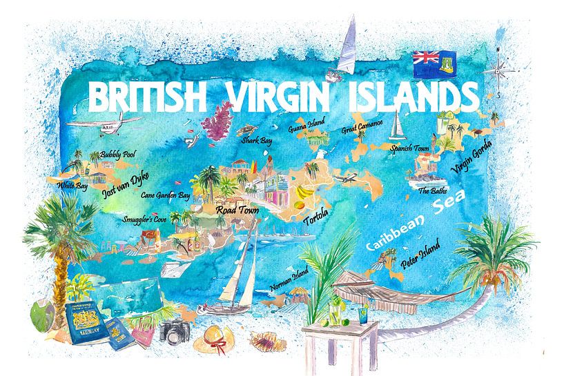 Geïllustreerde reiskaart van de Britse Maagdeneilanden met wegen en hoogtepunten van Markus Bleichner