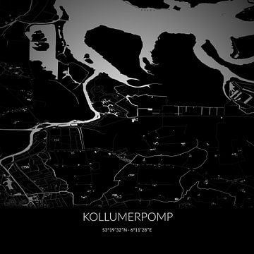 Zwart-witte landkaart van Kollumerpomp, Fryslan. van Rezona