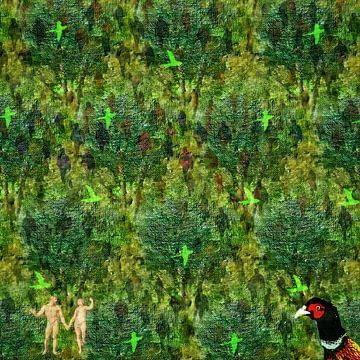 Migratie, digitaal schilderij met bomen,  mensen en halsbandparkieten van Ruben van Gogh - smartphoneart