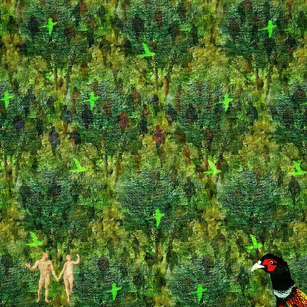 Vertrek uit het Paradijs – Digitale schilderkunst in weelderig groenhalsbandparkieten van Ruben van Gogh - smartphoneart