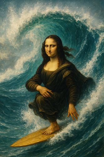 Mona Lisa op de surfplank in de golf van Poster Art Shop